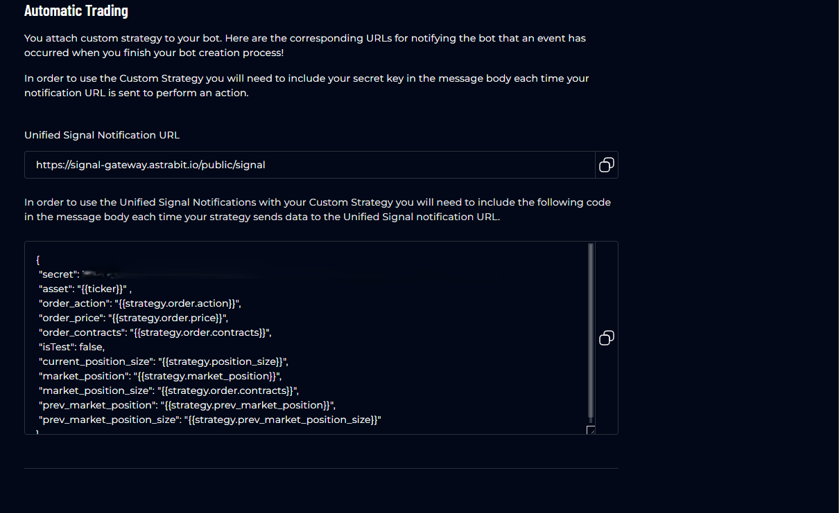 Webhook URL and JSON message in AstraBit