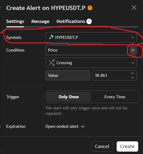 Alert condition dropdown menu