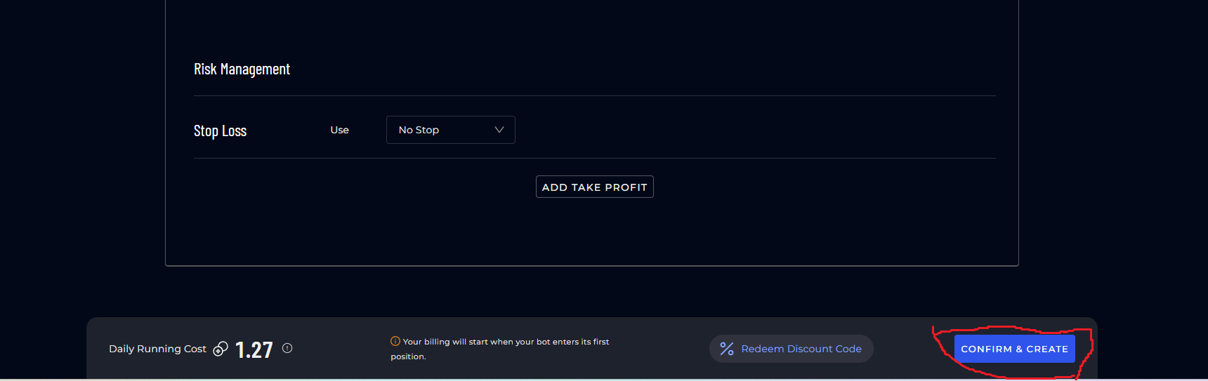 Confirm and Create button in AstraBit
