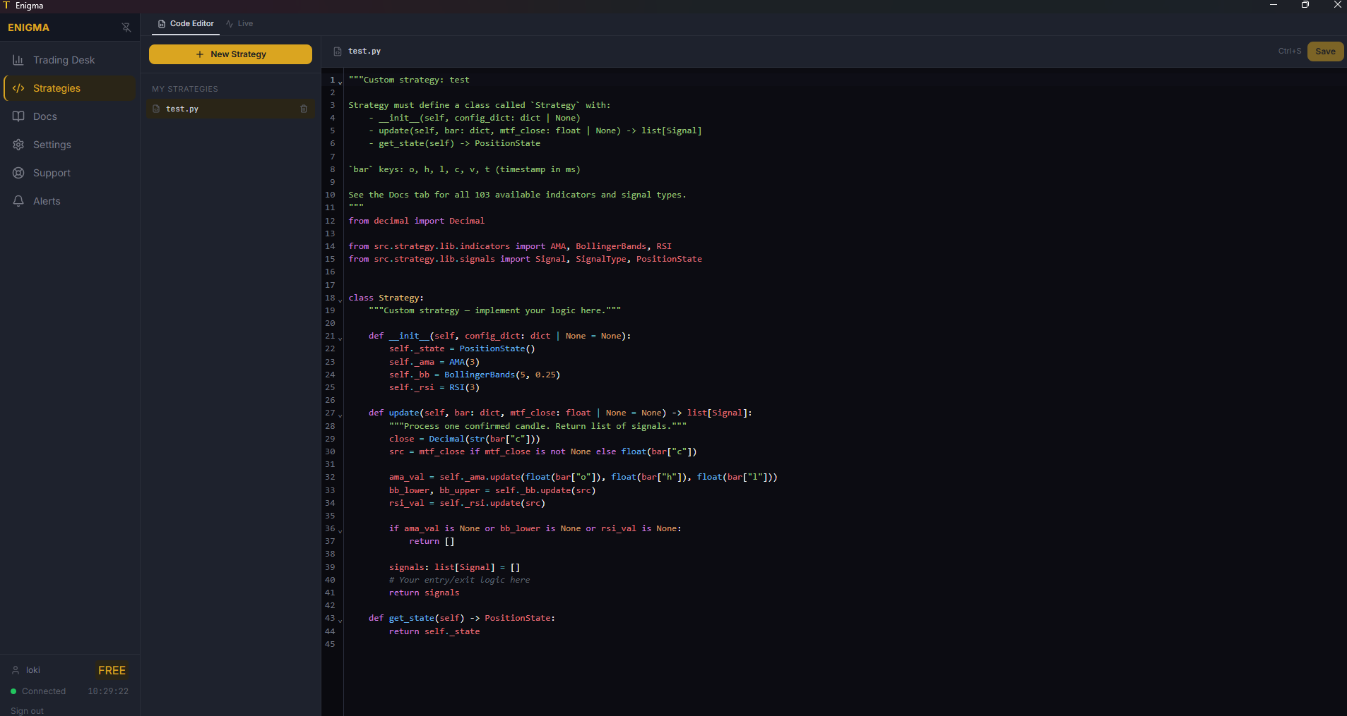 Python strategy code editor with syntax highlighting for building custom trading strategies
