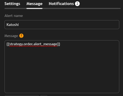 TradingView alert setup for Katoshi, showing the correct message placeholder