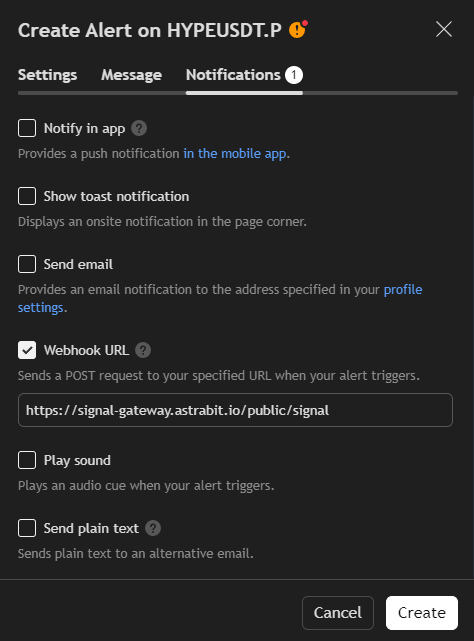 Pasting the Webhook URL into the alert notifications tab